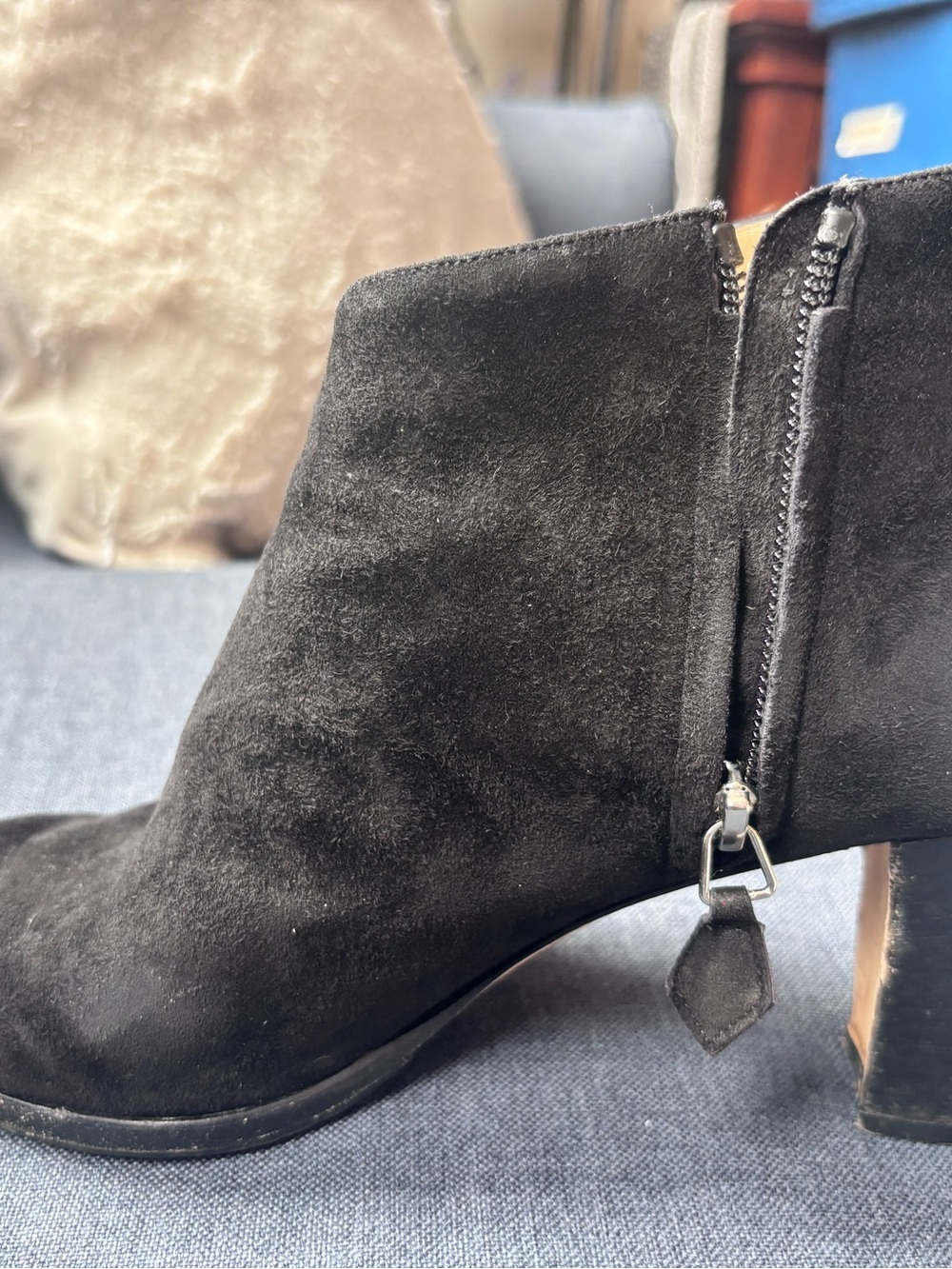 Manolo Blahnik Black Suede Ankle Boot with Side Zip Pull